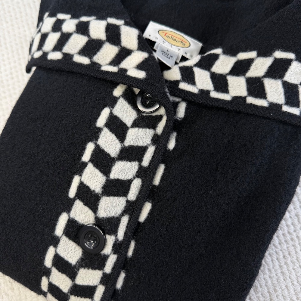 Talbots Petites Black White 100% Wool Checkerboard Trim Cardigan Sweater Large P